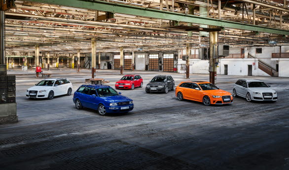 Från vänster: Audi RS 4 Avant (Typ B7), Audi RS 2 Avant, Audi RS 4 Avant (Typ B5), Audi RS 6 Avant (Typ C5), Audi RS 4 Avant (Typ B8), Audi RS 6 Avant (Typ C6)